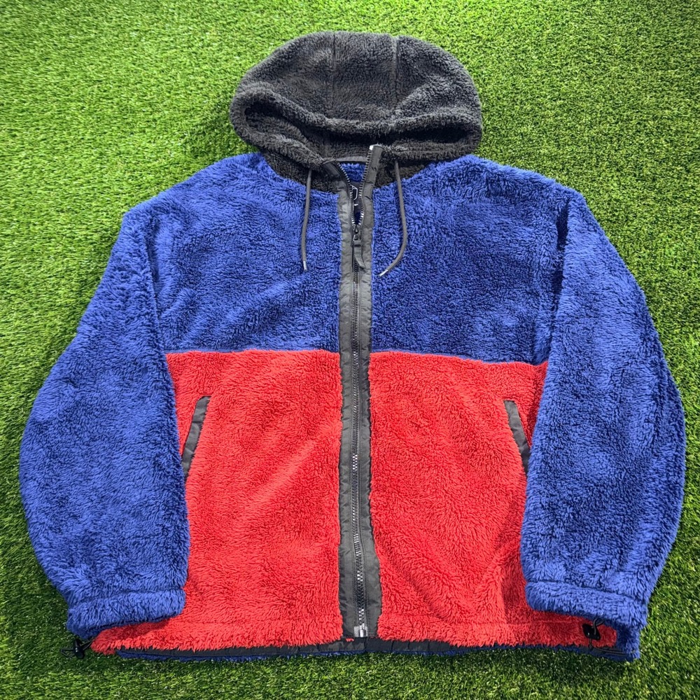 Original Use Mens Large Colorblock Sherpa Fleece Full Zip Hooded Jacket Blue Red